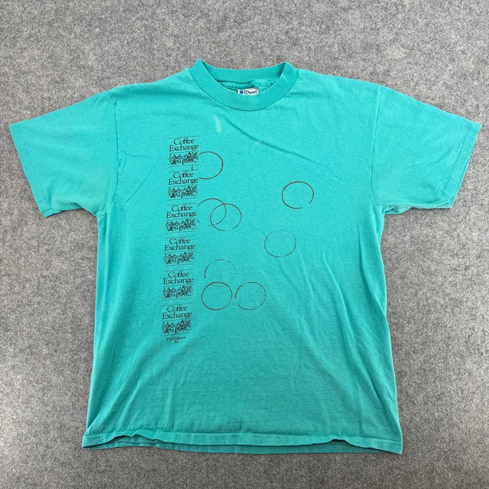 VTG Hanes T-Shirt L Beefy-T Coffee Exchange Teal Single Stitch Hanes USA Made